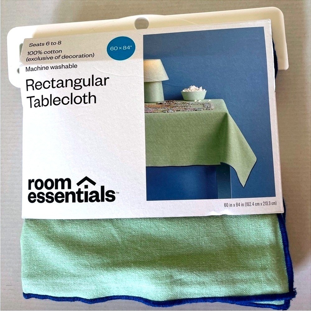 Room Essentials Rectangular Tablecloth Light Green Blue Trim Cotton 60 X 84 New